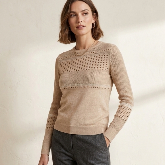One Grey Day Sweaters - One Grey Day Pullover Open Knit Crewneck Sweater In Tan Size XS